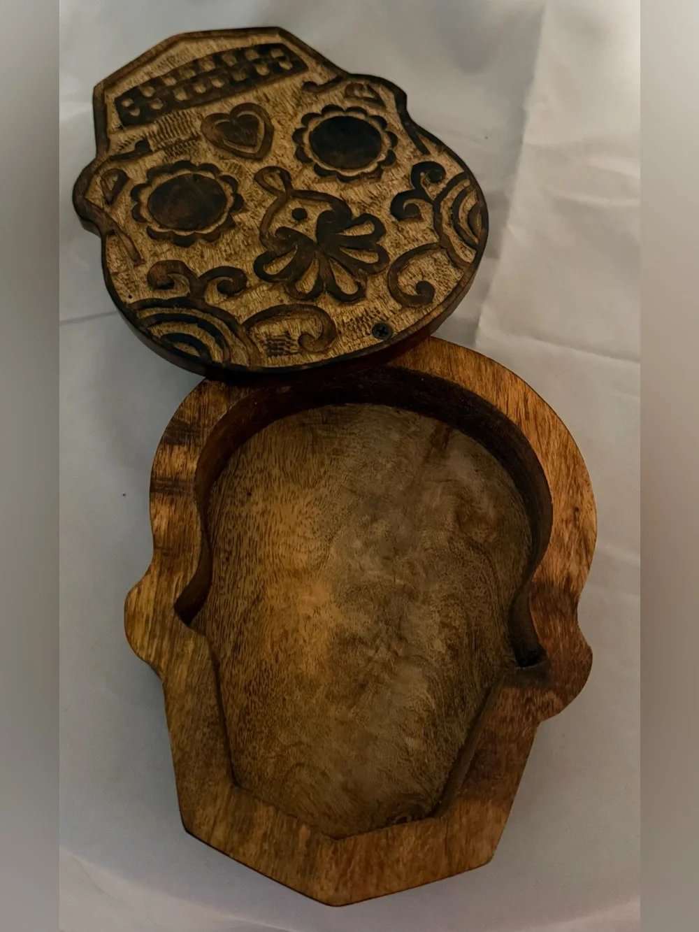 Hand-Carved Brown Decorative Sugar Skull Trinket Box